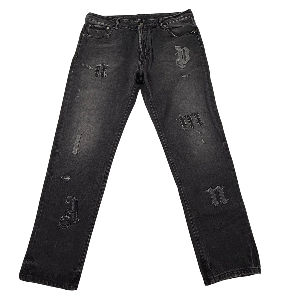 Palm Angels Mens Logo Patches Regular Fit Jeans Black PMYA033F23DEN0041010 Sz 38